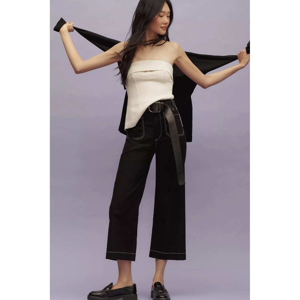 Maeve The Colette Crop Wide Leg Pants Black Contrast Stitch High Rise Size 28